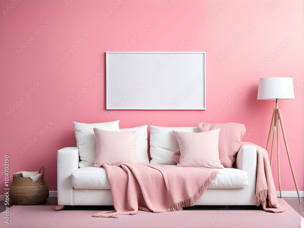 White sofa with cushions and blanket near pink wall with empty frame. Front view White sofa with cushions and blanket near pink wall with empty frame. Front view