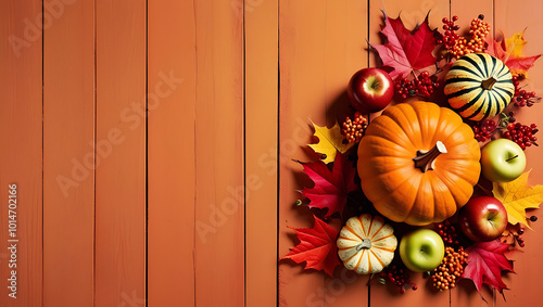  background with pumpkins on blue wooedn background with copy-space, autumn leaves, fall photo