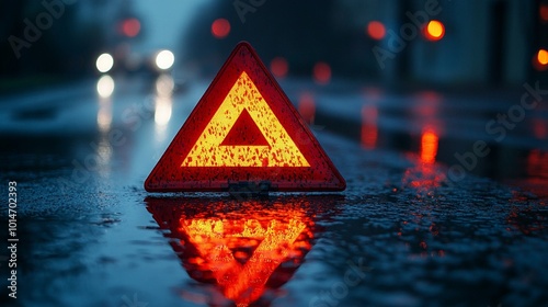 A red triangle on a rainy ground, glowing under night lights.