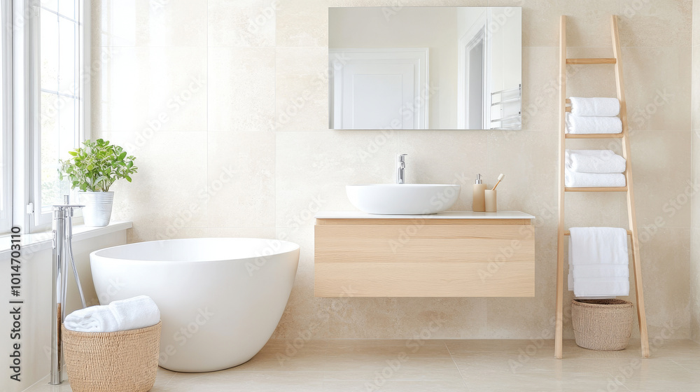 A modern bathroom featuring freestanding bathtub, wooden vanity, and stylish ladder shelf with neatly arranged towels. serene atmosphere is enhanced by natural light and minimalistic decor A modern bathroom featuring freestanding bathtub, wooden vanity, and stylish ladder shelf with neatly arranged towels. serene atmosphere is enhanced by natural light and minimalistic decor