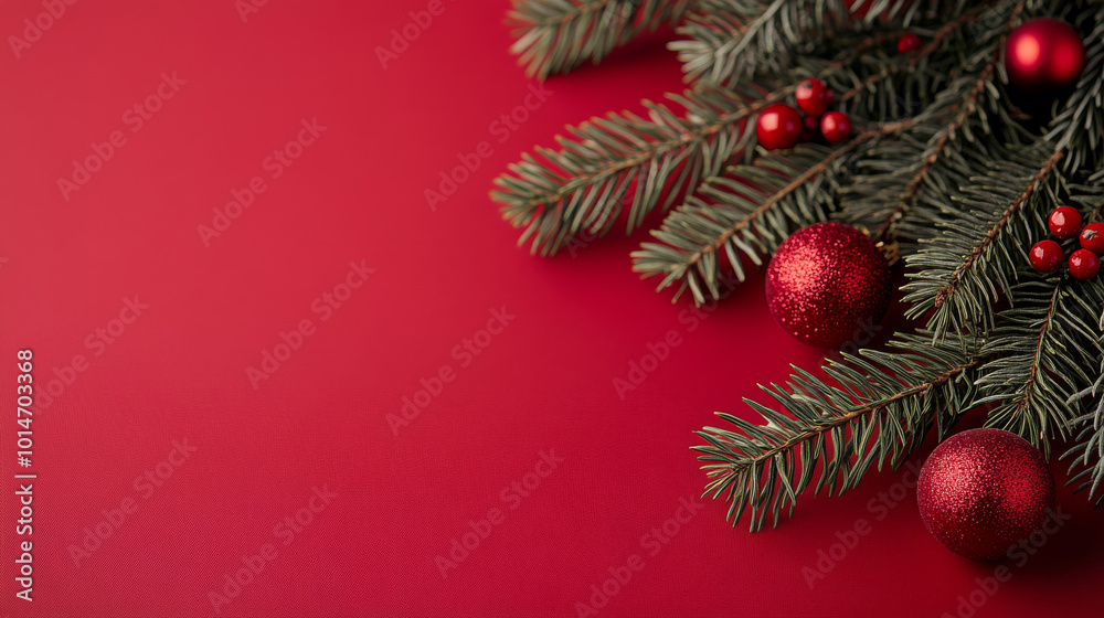 Festive Christmas decorations featuring evergreen branches, red ornaments, and berries create warm and joyful atmosphere for holiday season