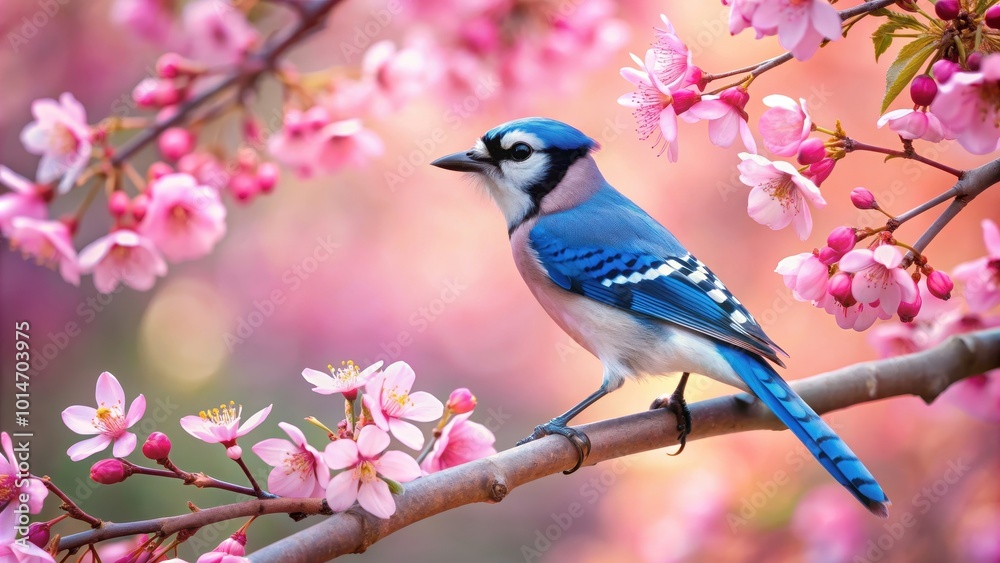 Obraz premium Vibrant blue jay sitting on a cherry blossom branch with falling petals, blue jay, cherry tree, blossoming, vibrant, nature