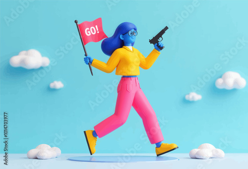 3D Character Running with Gun and Flag 
