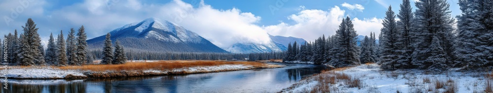 Winter scene: a river valley with snow-capped mountains Winter scene: a river valley with snow-capped mountains