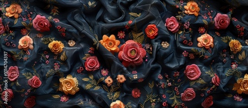 Vibrant and Luxurious Floral Fabric Pattern Featuring Romantic Roses and Blossoms on a Dark Backdrop  Elegant and Botanical Textile Design