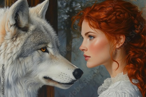 A captivating woman gazes at a majestic wolf in a serene forest photo