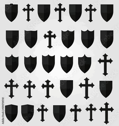 Black Shield and Cross Icon Set  
