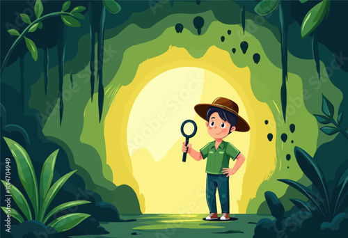 Boy with Magnifying Glass Exploring Cave Entrance  
