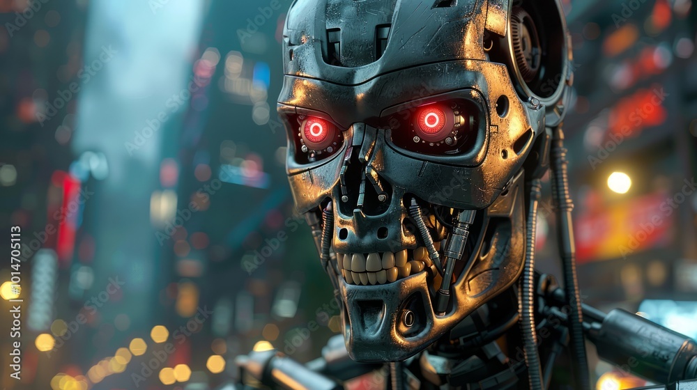 A close-up shot of a robot with red eyes in a futuristic city. A close-up shot of a robot with red eyes in a futuristic city.