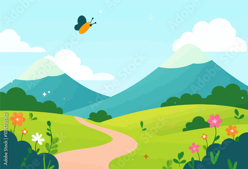 Butterfly Flying Over Green Mountains and Flowers