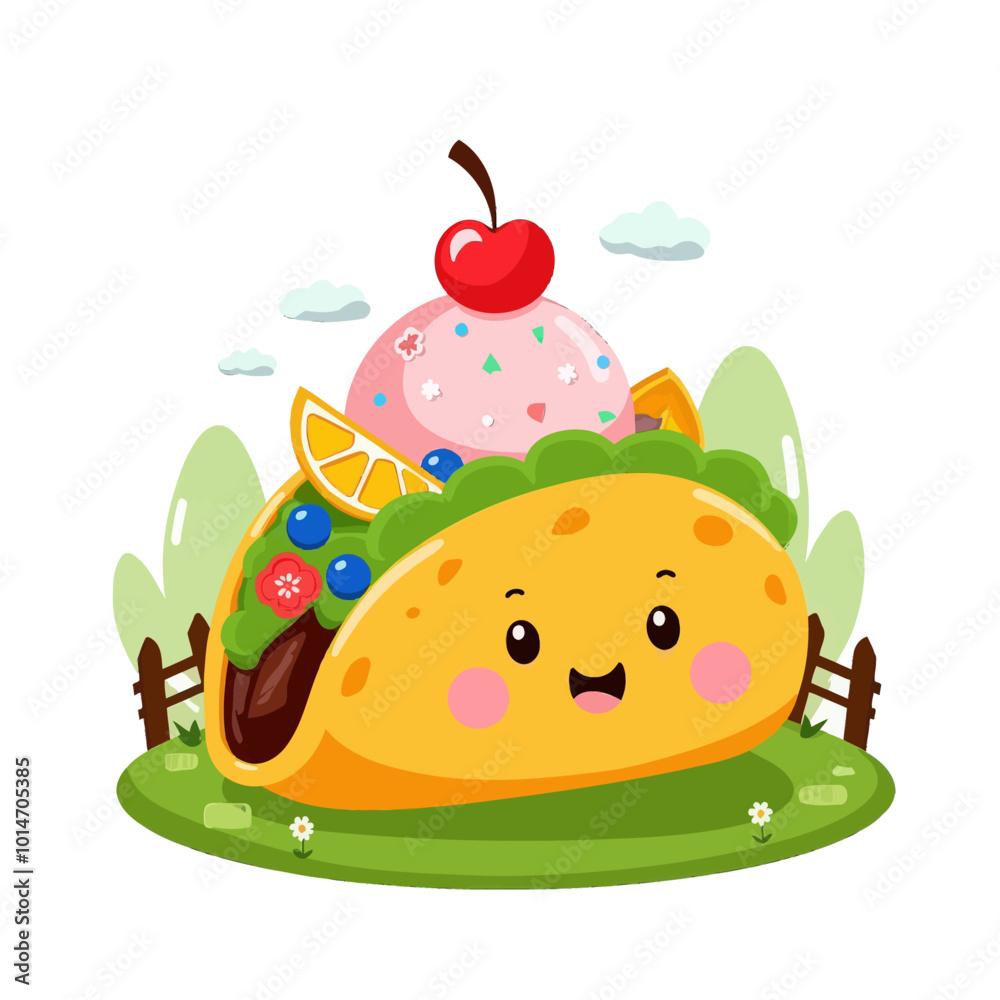Cartoon Taco with Ice Cream Topped with Cherry Cartoon Taco with Ice Cream Topped with Cherry