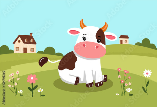 Cartoon Cow Sitting In Field 
