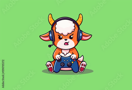 Cartoon Goat Gaming with Headphones