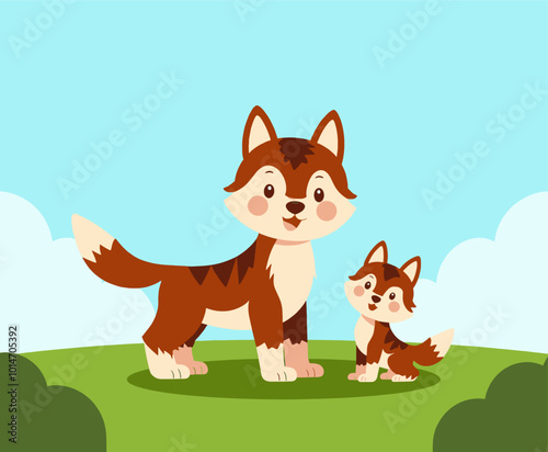 Cartoon Wolf and Pup on Grassy Field