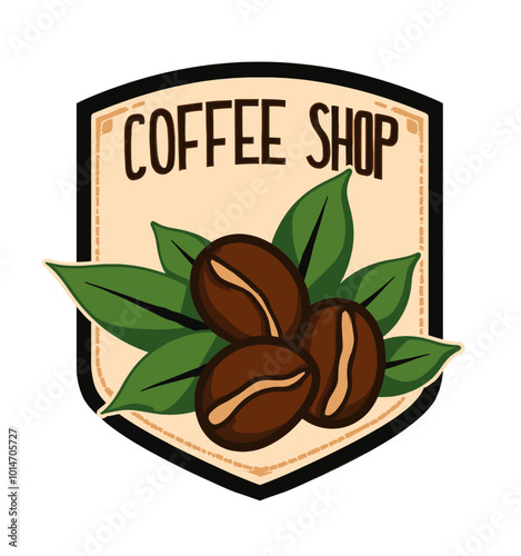 Coffee Shop Badge with Beans and Leaves 
