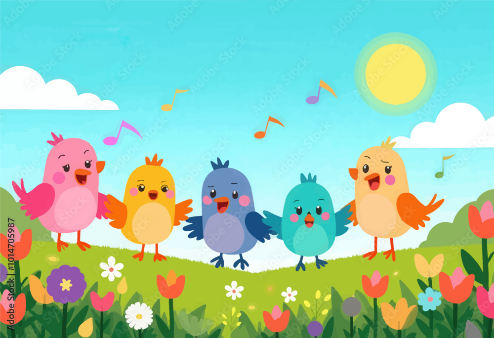 Fototapeta premium Colorful Birds Singing in a Meadow 