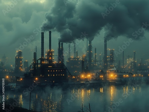 Industrial Cityscape at Night: A Dark and Foggy Scene