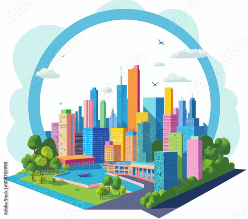 Colorful Cityscape with Blue Circle and Clouds 

