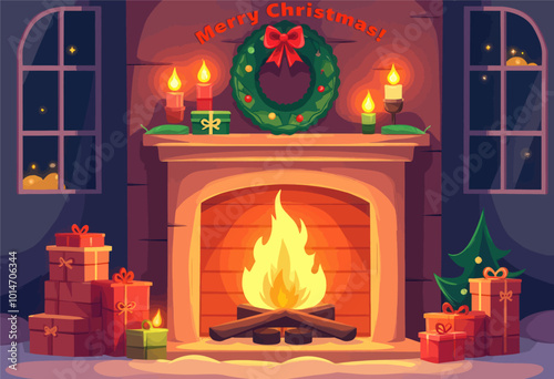 Cozy Christmas Fireplace with Presents 
