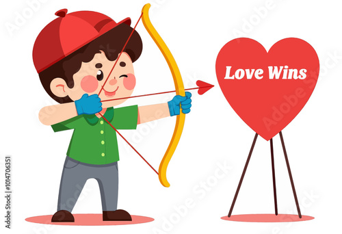 Cupid with yellow bow and arrow aiming at heart target with Love Wins text