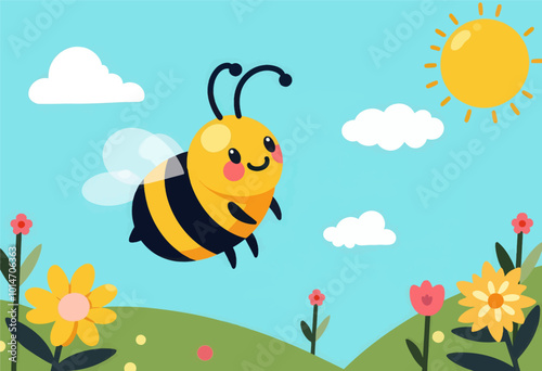 Cute Bee Flying in Sunny Meadow 
