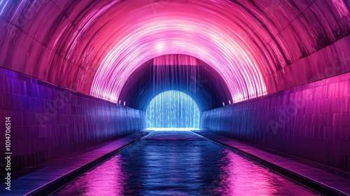 A spectacular water tunnel at night, with vibrant LED lights illuminating the flowing water in shades of purple, blue, and pink