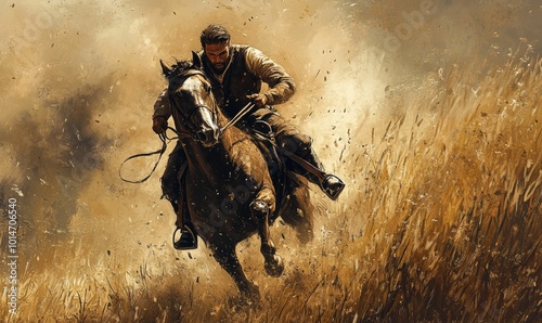 A man rides a horse through tall grass.