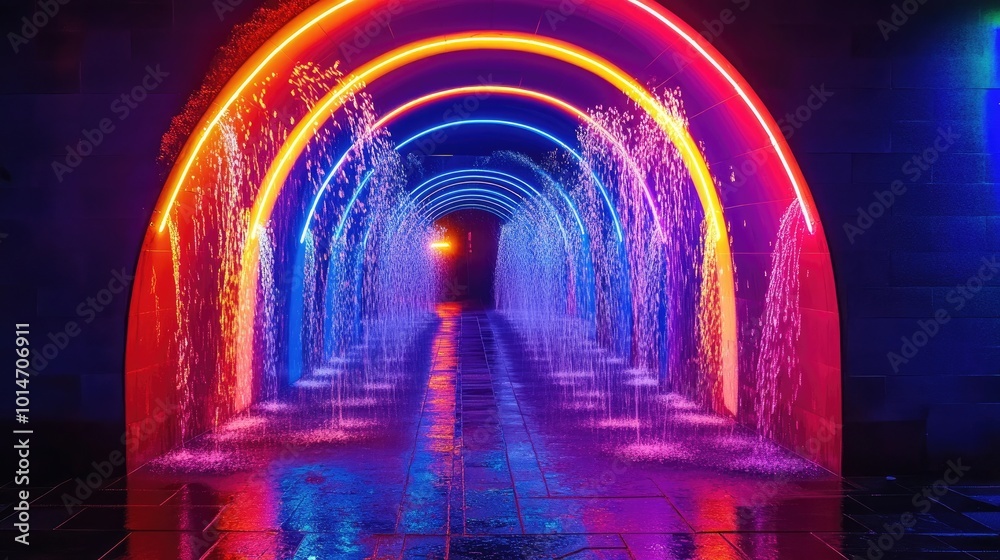 Obraz premium A stunning water fountain tunnel at night, illuminated by vibrant neon colors, with arches of water creating a dynamic and colorful display