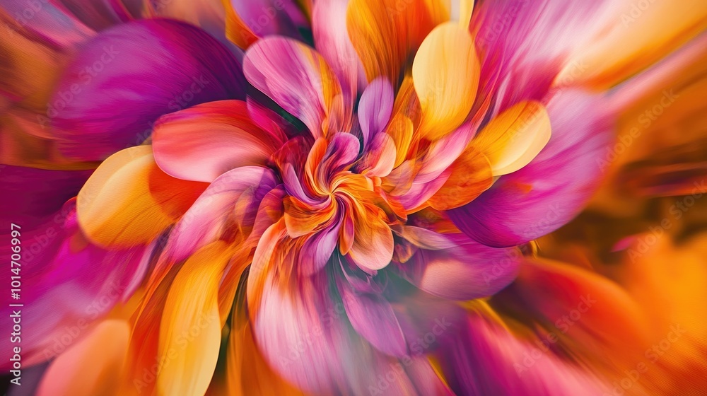 A vibrant abstract floral background with swirling patterns of pink, orange, and yellow petals, creating a dynamic, colorful visual