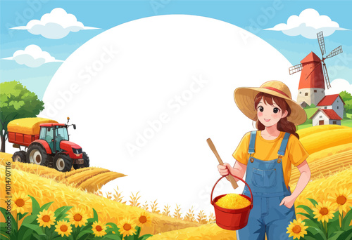 Farm Girl with Tractor and Windmill  
