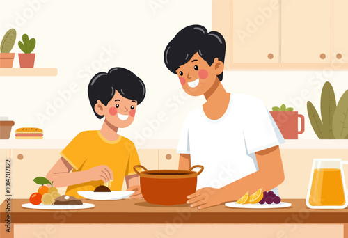 Father and Son Cooking Together in Kitchen  
