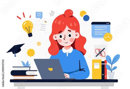 Girl Studying at Desk with Laptop and Books 
