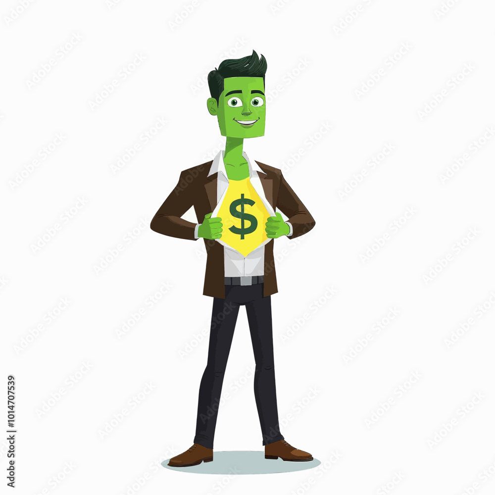 Fototapeta premium Green Man Reveals Dollar Sign Superhero Suit 