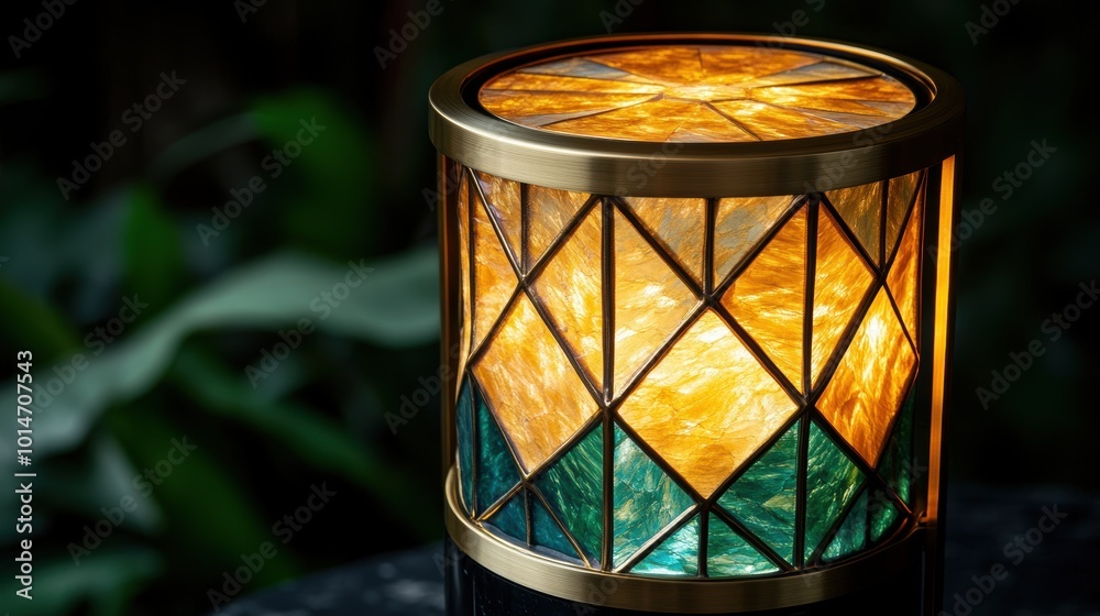 Art Deco brass lamp with geometric patterns and warm lighting against an emerald green backdrop Art Deco brass lamp with geometric patterns and warm lighting against an emerald green backdrop