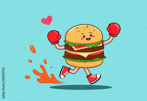 Happy Burger Character Running With Boxing Gloves  
