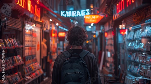 A lone traveler walks down a dimly lit street in the city