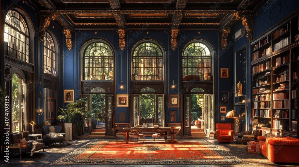 Obraz premium Elegant dining room featuring rich blue walls and eclectic decor with vibrant lighting and luxurious finishes in a warm, inviting space