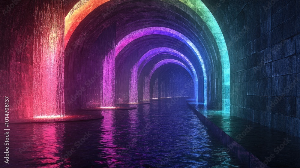 A beautiful water fountain tunnel glowing with soft rainbow lights at night, creating an enchanting and serene atmosphere of color and water A beautiful water fountain tunnel glowing with soft rainbow lights at night, creating an enchanting and serene atmosphere of color and water