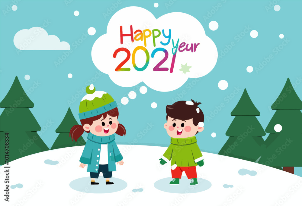 Kids Wishing Happy New Year in Winter Scene
Kids Wishing Happy New Year in Winter Scene