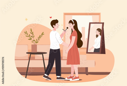 Man applying makeup on woman in front of mirror
