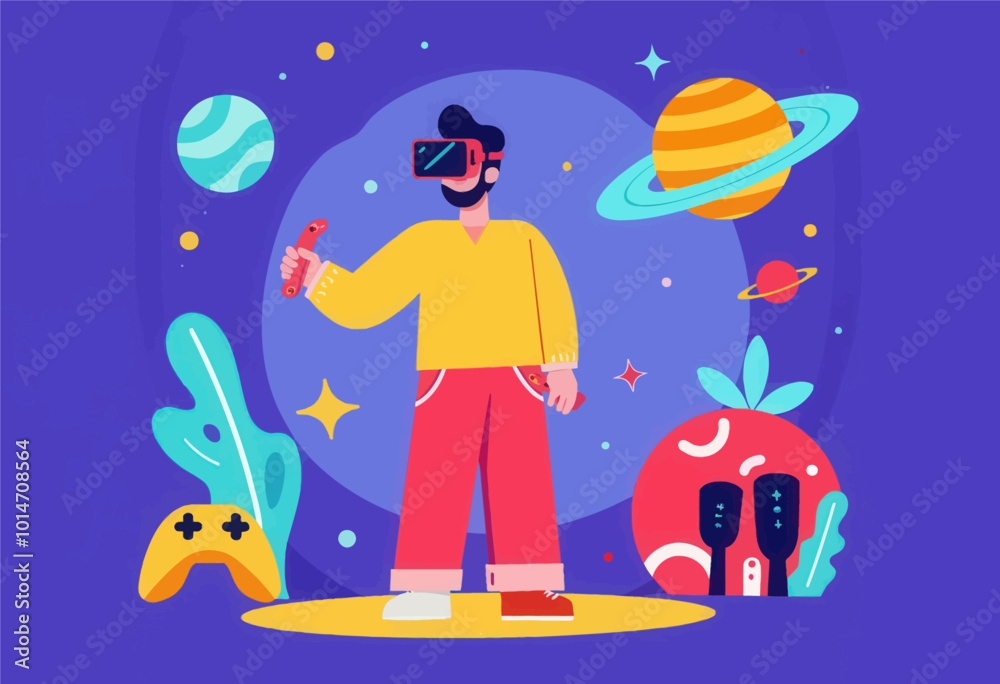 Naklejka premium Man in VR headset exploring a space scene 