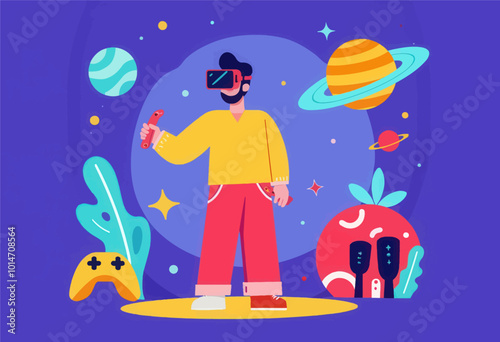 Man in VR headset exploring a space scene 
