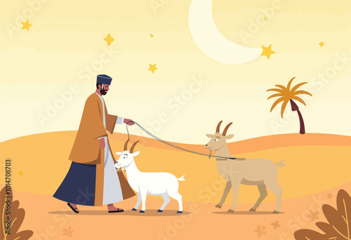 Man Walking Goats in Desert Landscape 
