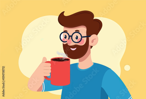 Man with beard and glasses drinking coffee 
