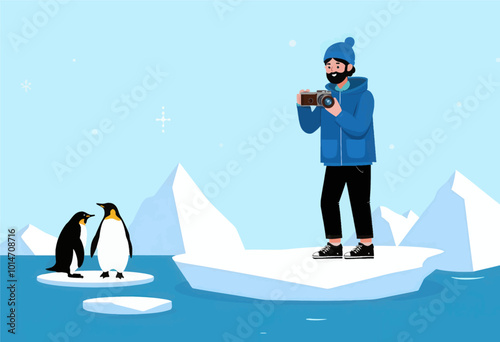 Man with Camera and Penguins on Iceberg