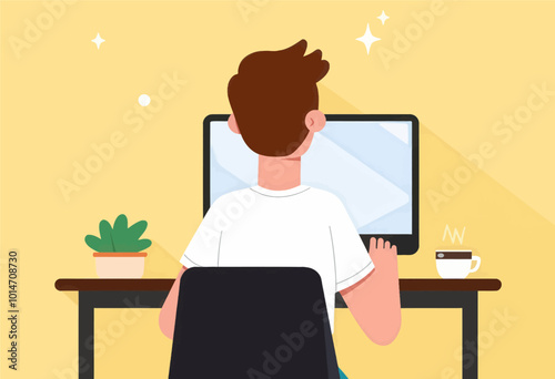 Man Working at Computer with Coffee and Plant