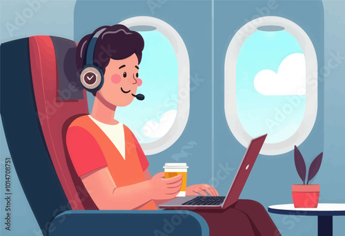 Man working on laptop on airplane with coffee