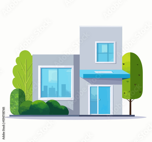 Modern House with Blue Door and Windows  
