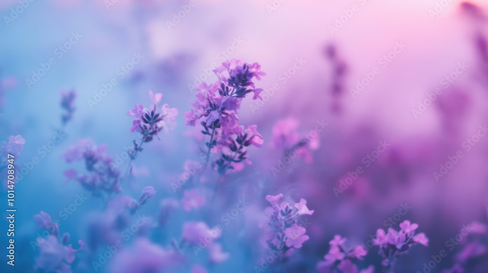 Fototapeta premium A soft, enchanting glow surrounds delicate purple flowers, with mystical smoke weaving through, creating a magical ambiance at dusk