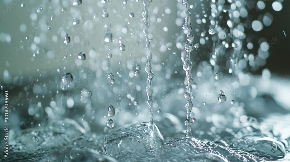 A detailed close-up of water droplets flowing from a handheld showerhead, with a soft focus on the water stream in a modern bathroom A detailed close-up of water droplets flowing from a handheld showerhead, with a soft focus on the water stream in a modern bathroom